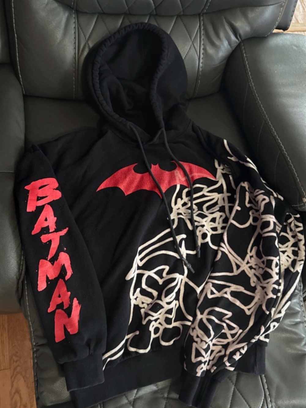 Eleven Paris Black Hoodie with Red Batman Chest Logo and Script Sleeve